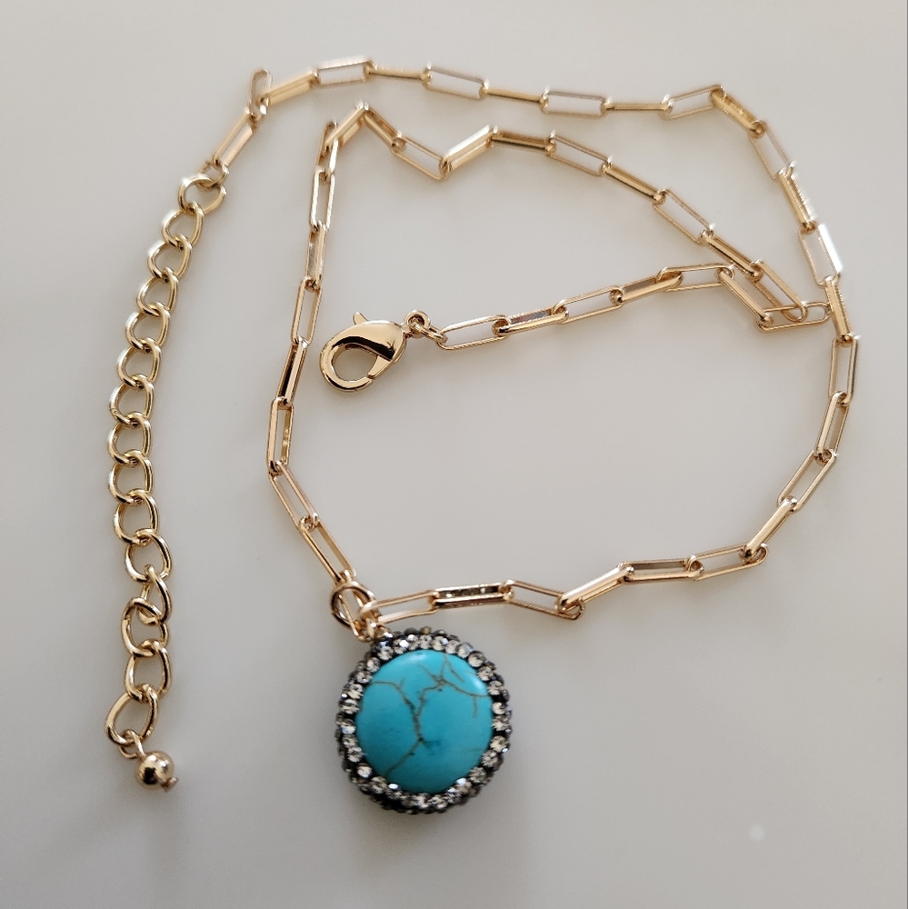 Gold Tone Necklace with Turquoise Crystal Circle Pendant